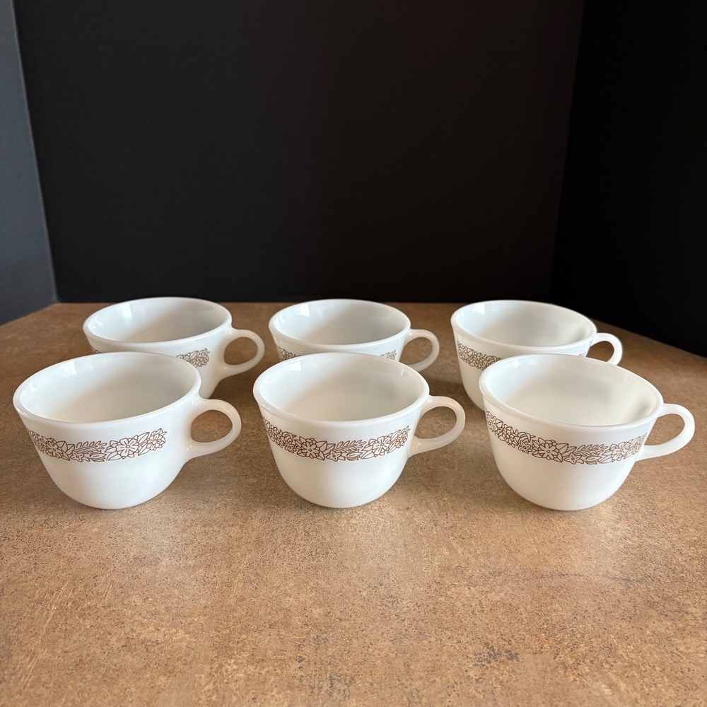 Vintage Pyrex Brown Floral Milk Glass Coffee Cups Set of 6, Microwave Safe USA